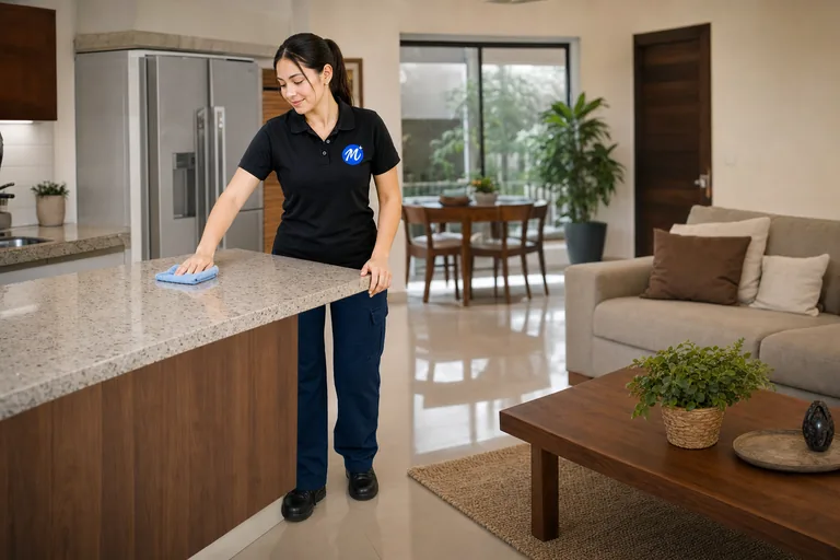 Avatar de marca Noe en una escena de limpieza residencial en cocina integrada
